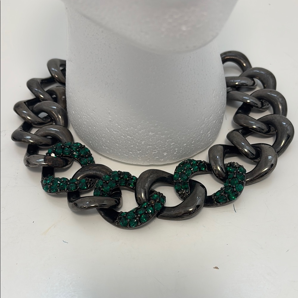 Gunmetal Chain Link Necklace with Emerald Green Crystals